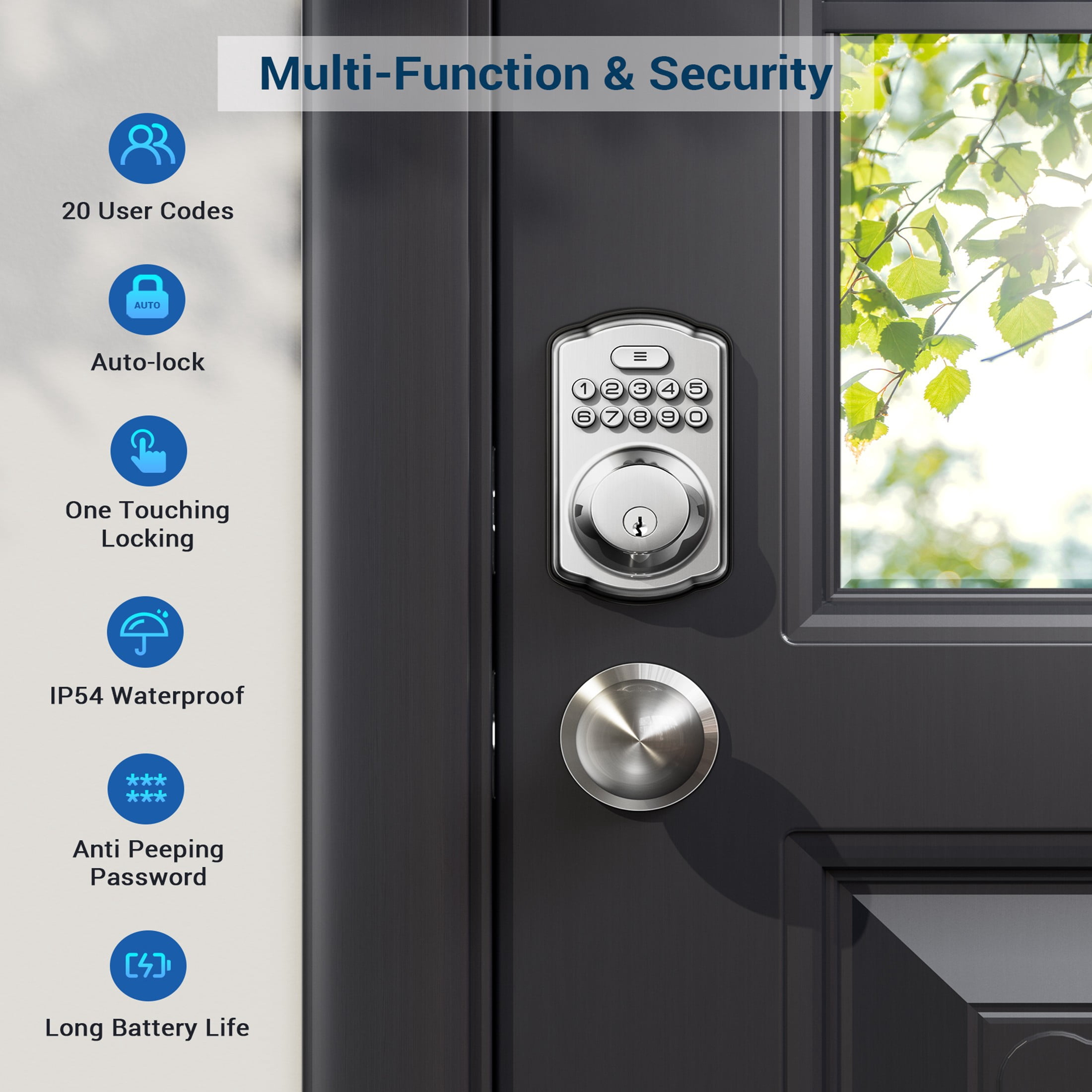 Veise Keyless Entry Door Lock with 2 Knobs, Electronic Backlit Keypad Deadbolt with Handle Set, Auto Lock, Easy Installation, Satin Nickel