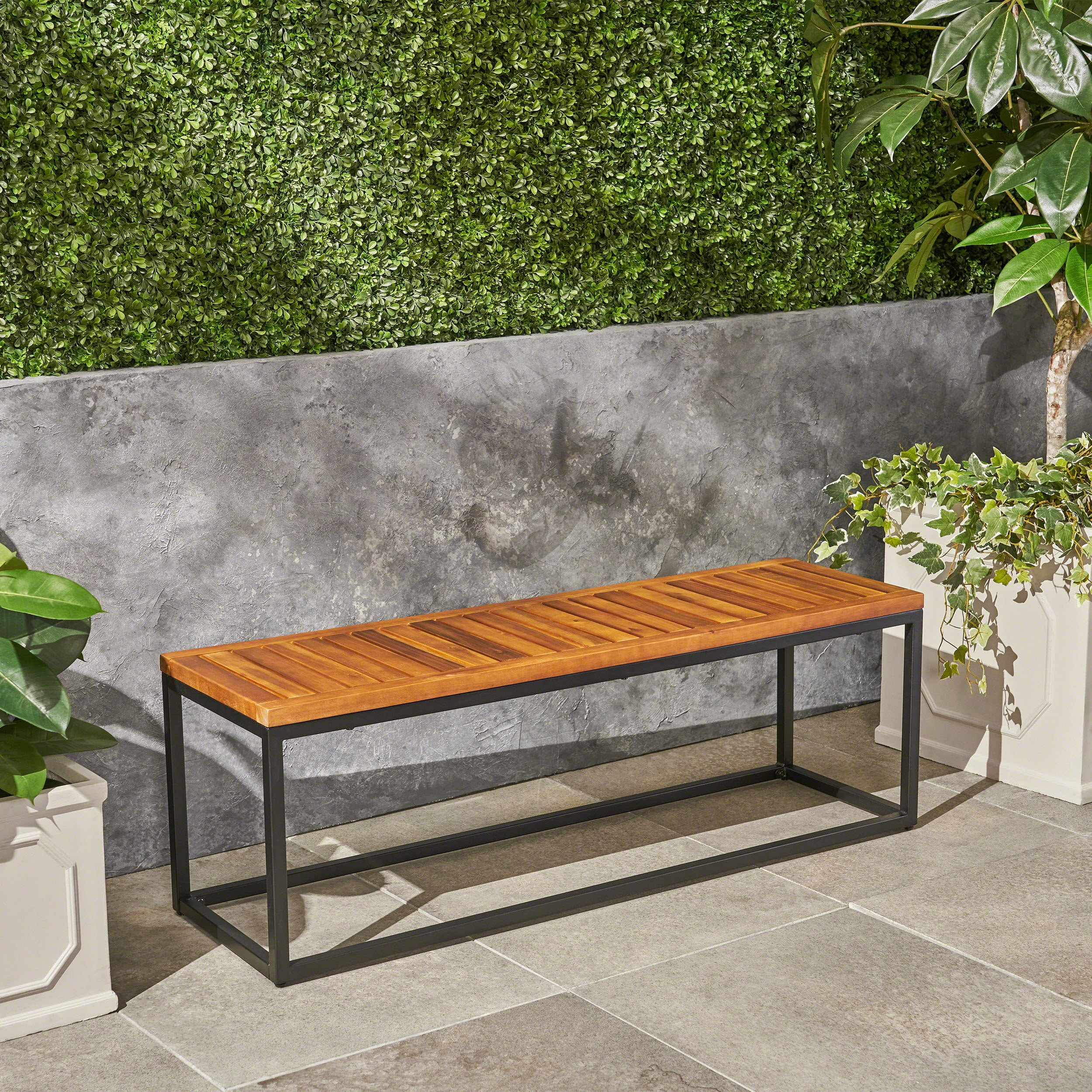 Outdoor Industrial Style Leisure Bench, Wood and Metal Combined Rest Seat for Patio Garden, Teak and Black