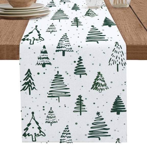 nqOlkjepod Christmas Tree Table Runner 60 Inches Long Farmhouse Dress Scarves, Xmas Green Cartoon Tree Snowflakes Farmhouse Dining Tablerunner for Coffee Table/Kitchen Island/Party Décor, 13" x 60"