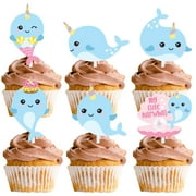 18pcs Blue Glitter PriNst Narwhal Dessert Cupcake Nautical Ocean Sea Whale Creature Theme Decor Supplies Baby Shower Boys Girls Happy Birthday Party Decorations