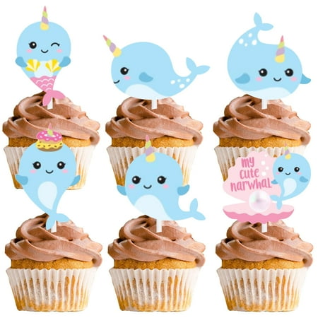 18pcs Blue Glitter PriNst Narwhal Dessert Cupcake Nautical Ocean Sea Whale Creature Theme Decor Supplies Baby Shower Boys Girls Happy Birthday Party Decorations
