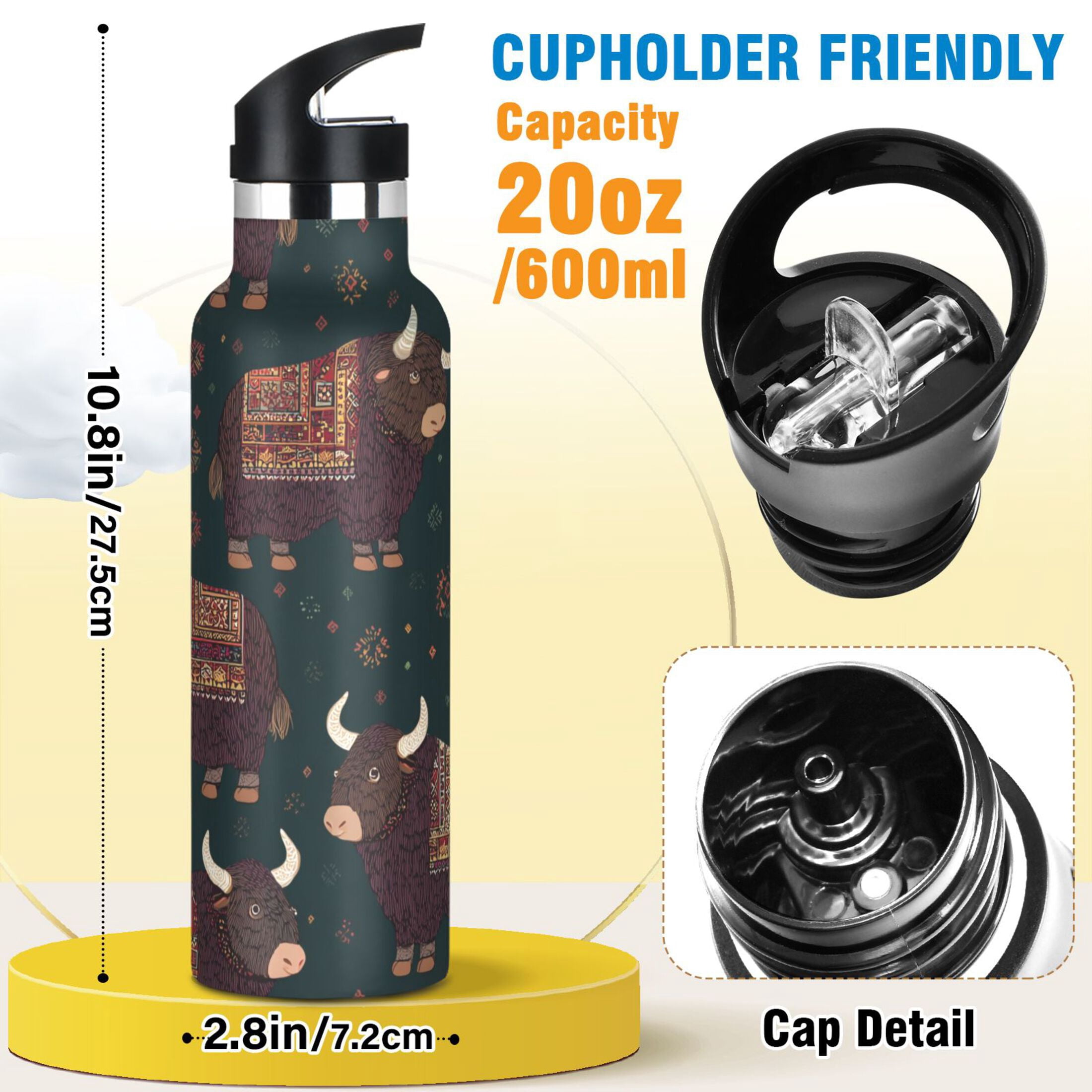 600ML Stainless Steel Insulated Cup Sports Water Bottle Portable Thermos Cup Water Glasses Insulated Tumblers Convenient and Durable Cute Cow Cartoon