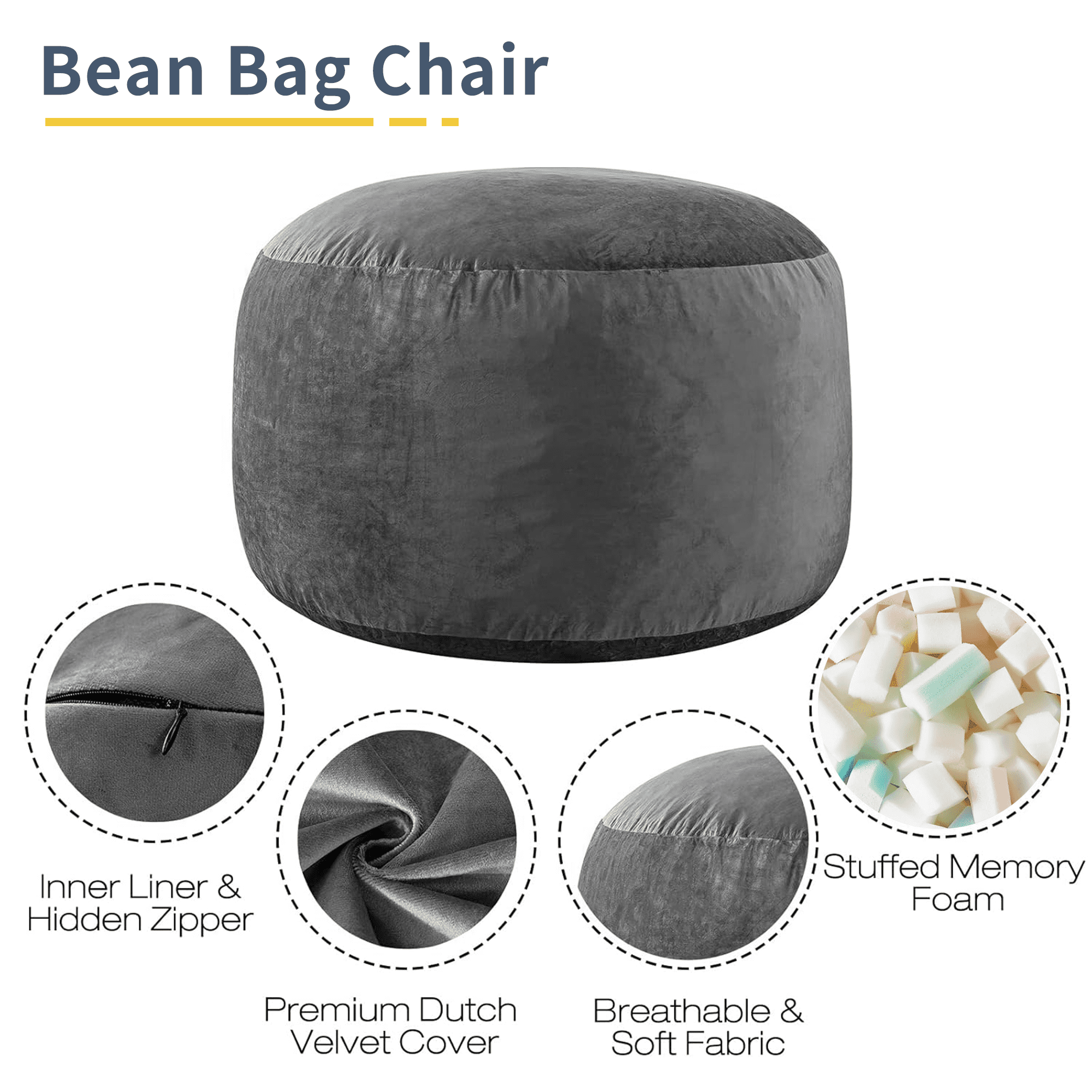 XIECUVA Bean Bag Chair Stuffed Memory Foam for Adults ，Medium Size Beanbag Sofa，3 ft