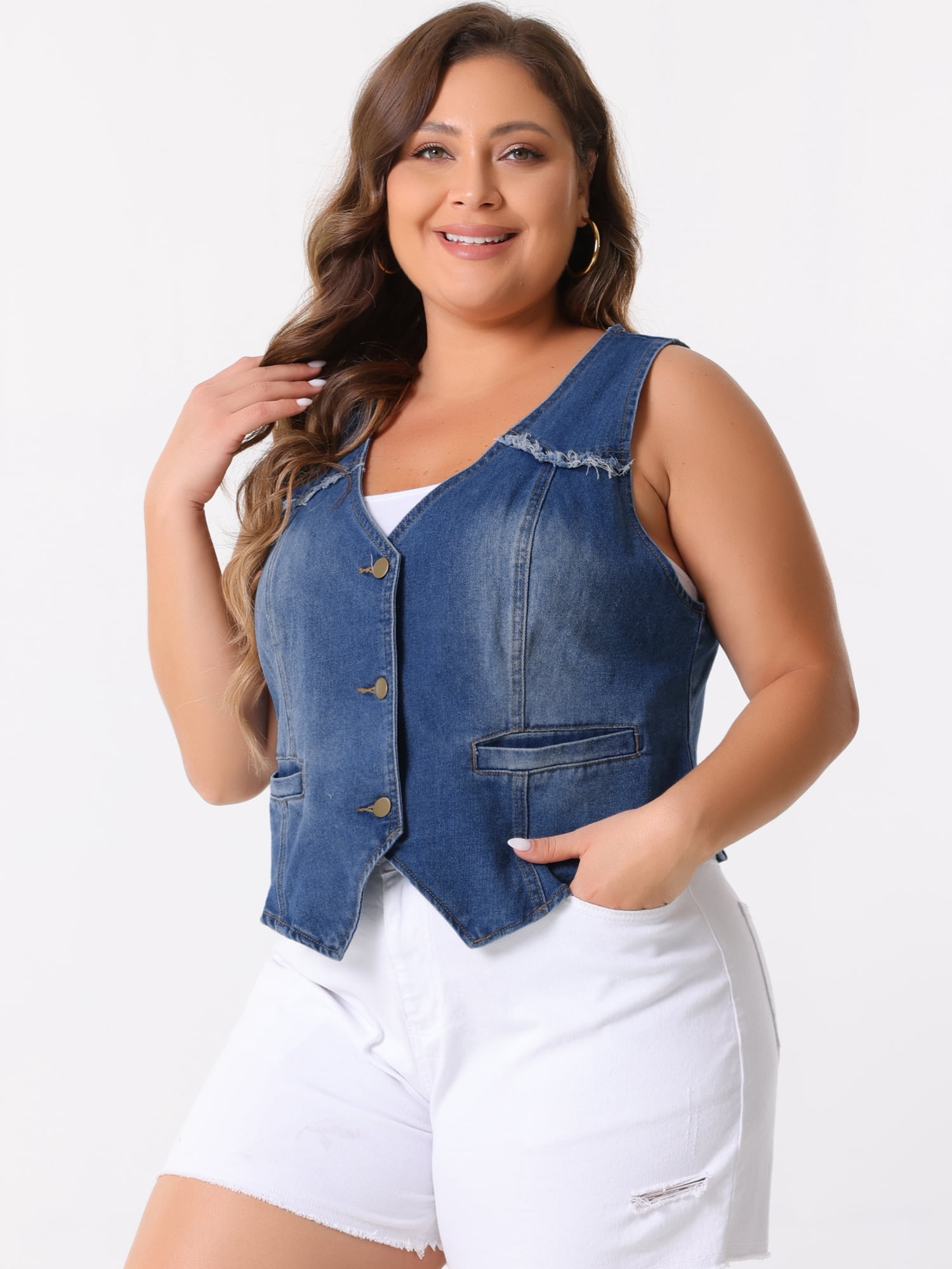 DARING DIVA Women's Plus Size V Neck Washed Distressed Denim Vest 3X Blue