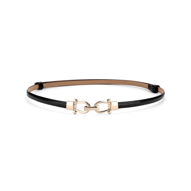 Cinturones delgados de alta cintura para mujeres con hebilla de metal ajustable, negro, hebilla doble redonda, 22"-39"*3/8" (L*W)