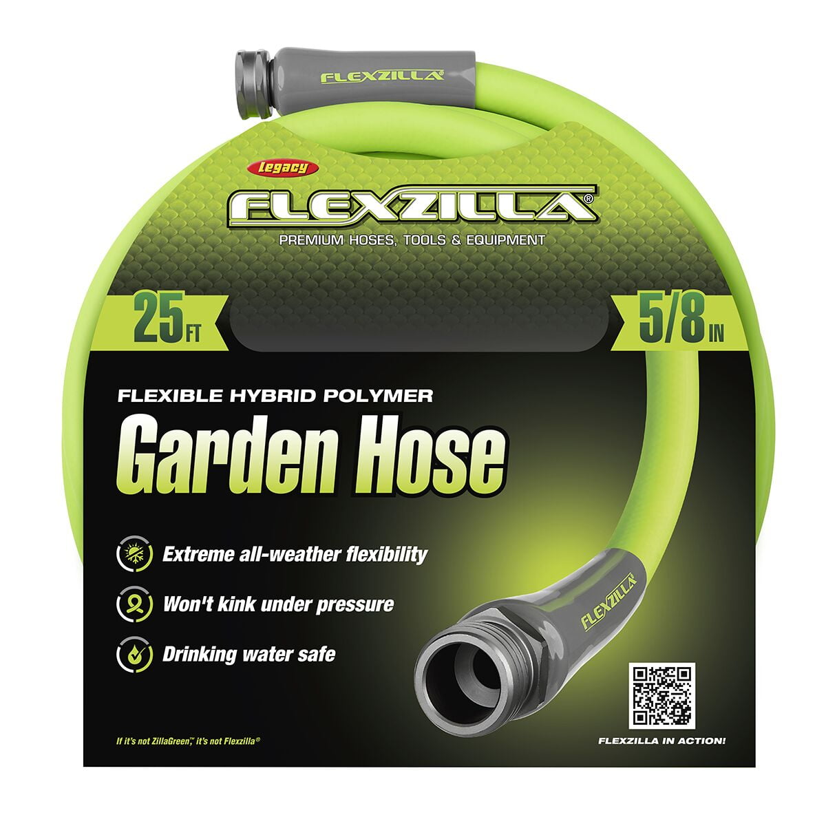 Flexzilla® Garden Hose, Hybrid Polymer, 5/8 x 100', 3/4 - 11 1/2 GHT  Fittings, ZillaGreen™ 