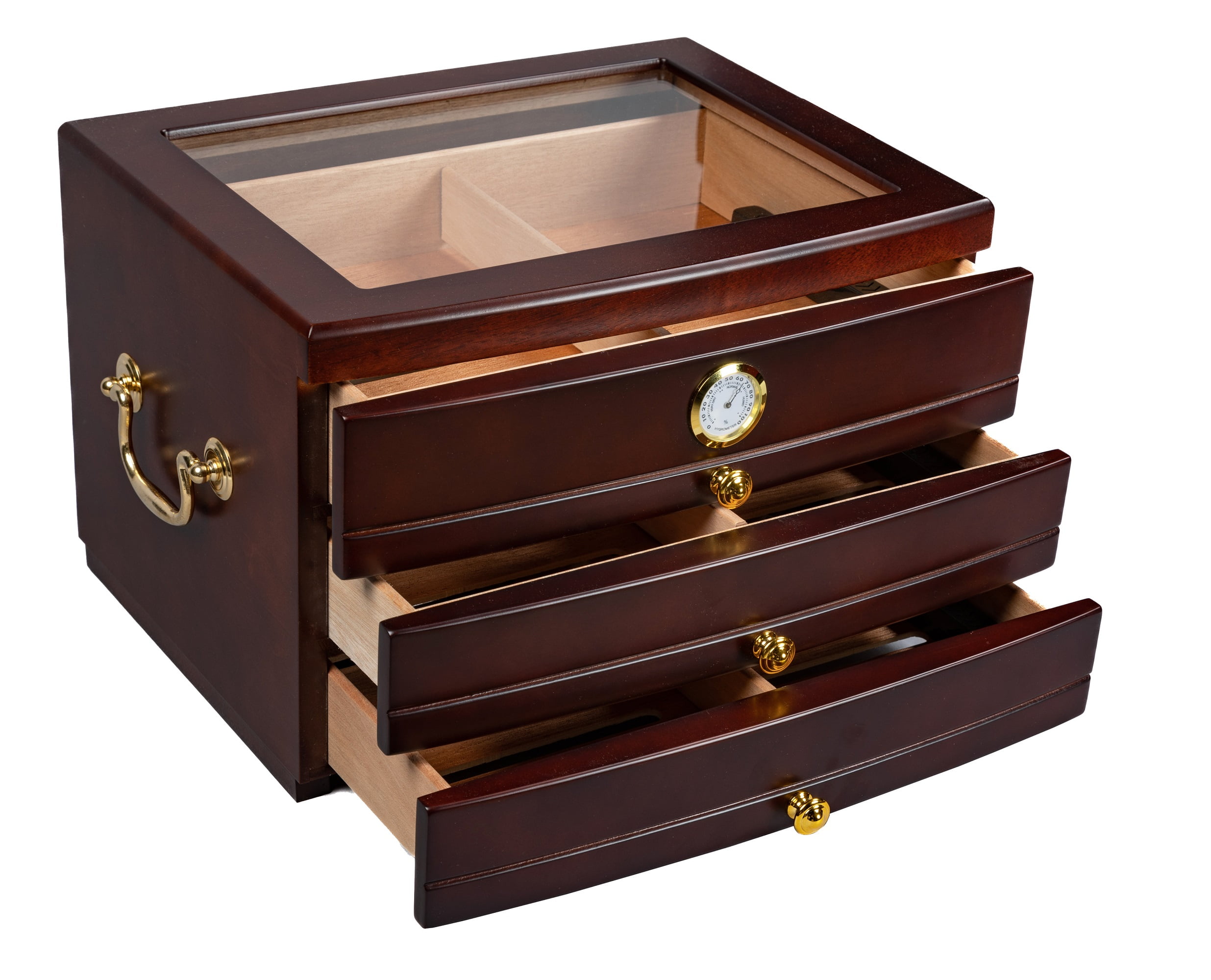 Regent Glass Top Cigar Humidor w/ 3 Drawers - Dark Mahogany Finish - Capacity: 75
