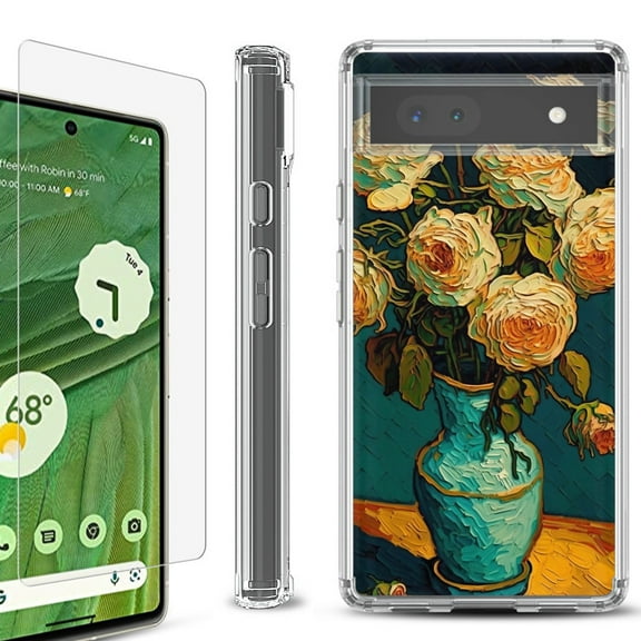 Shockproof Bumper Phone Case for Google Pixel 6a, with Tempered Glass Screen Protector, by OneToughShield ® - Roses in a vase