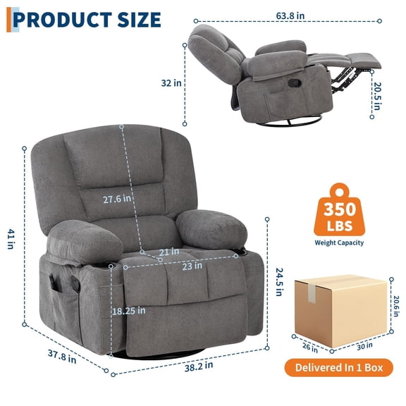 Oversized Wide Recliner Chair-Heat and Vibration Massage, 360° Swivel Rocker Chair for Adults,Chenille Fabric Manual Recliner with Cup Holders & Side Pocket for Living Room, Bedroom,Grey