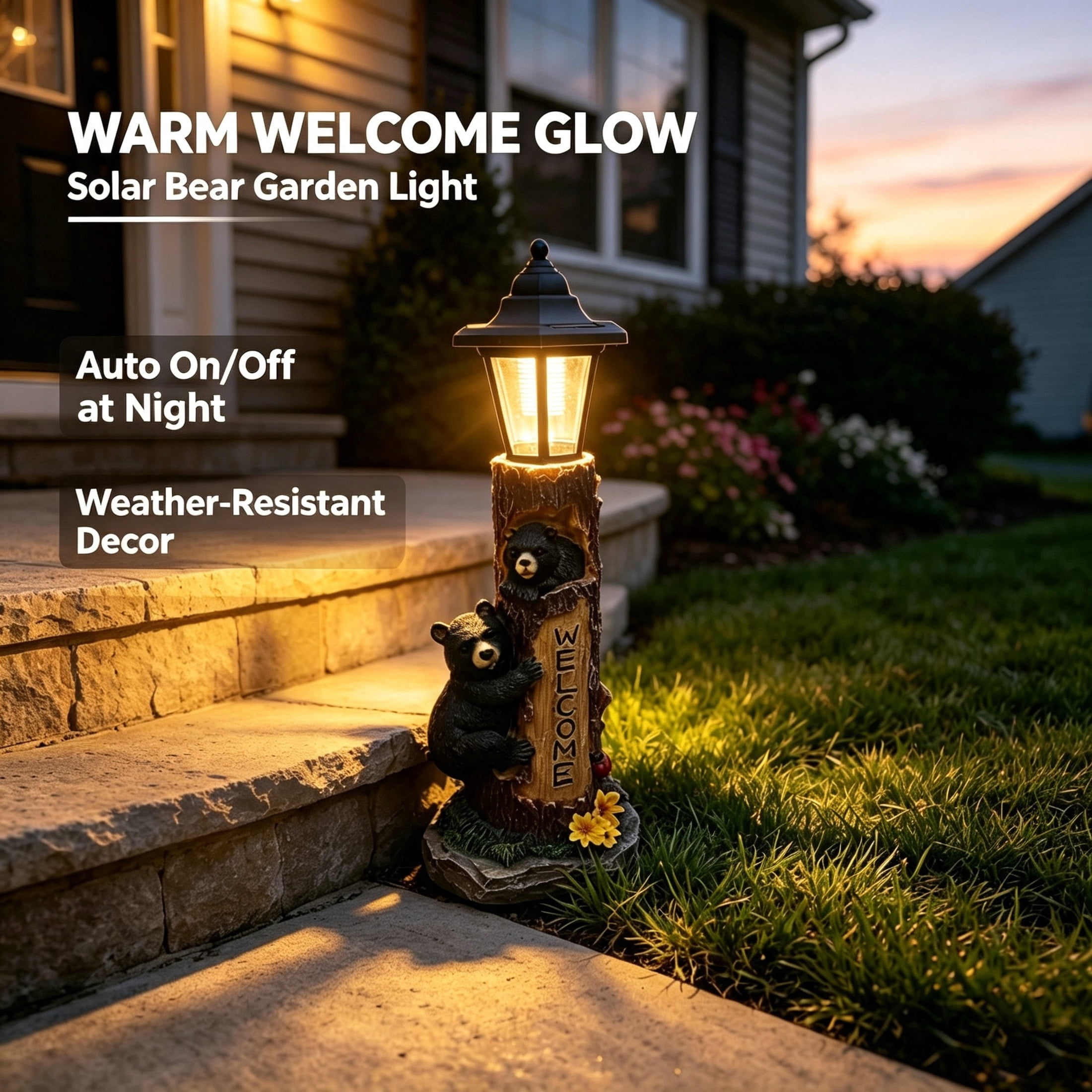 GDF Studio 18" Bear Family Tree Statue with Solar-Powered Light and Welcome Sign for Courtyard, Garden and Patio, Brown
