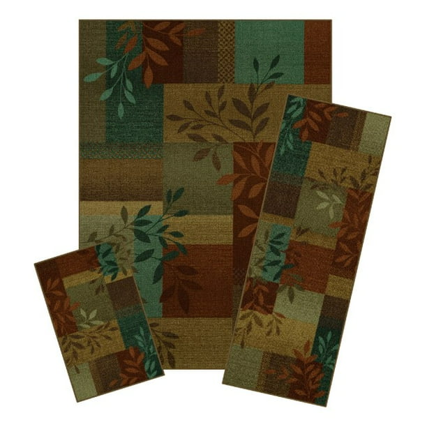 Mainstays Leaf Block Indoor Living Room Area Rug Set, Tuscany, 3Piece