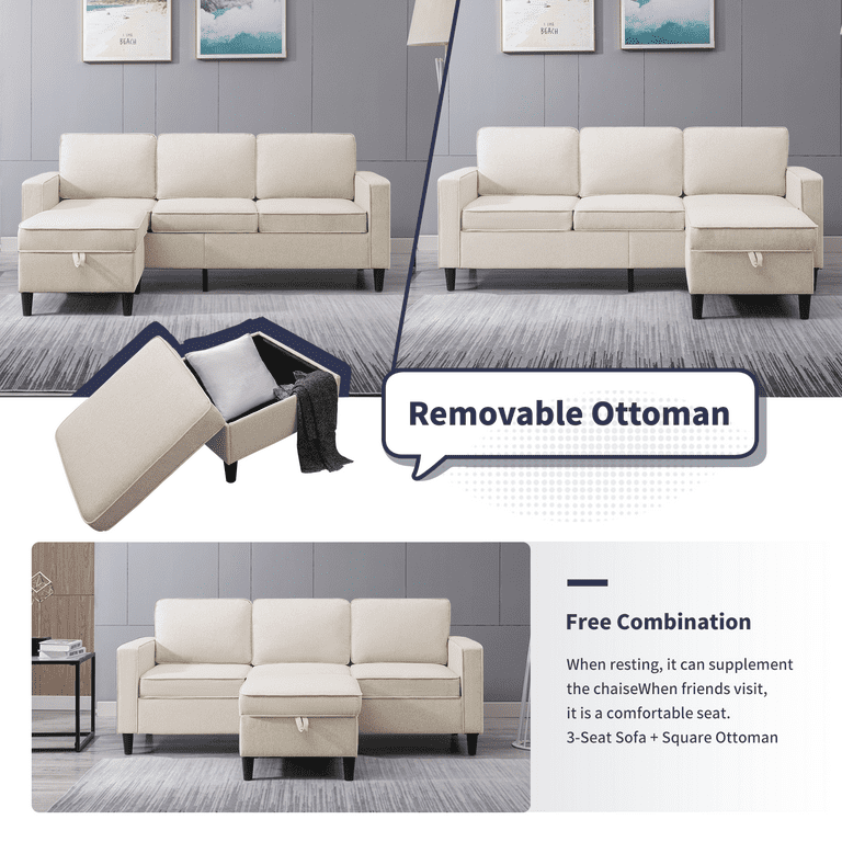 MUZZ Sectional Sofa with Movable Ottoman, Free Combination Sectional Couch,  Small L Shaped Sectional Sofa with Storage Ottoman, Modern Linen Fabric