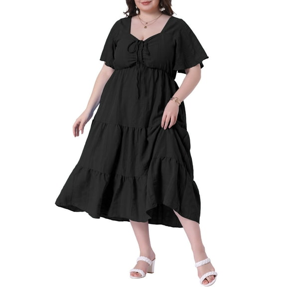 Agnes Orinda Women's Plus Size Summer Dress Sweetheart Neck Ruffle Short Sleeve Tiered A Line Midi Dresses 4X Black