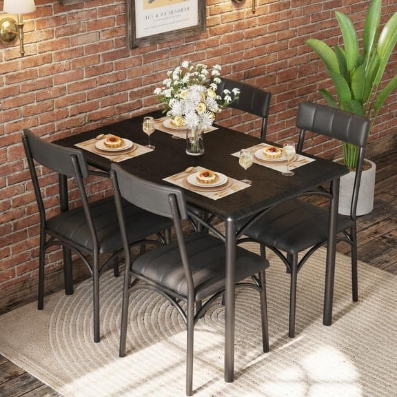 5 Piece Dining Table Set for 4, Rectangular Kitchen Table with 4 Chairs, Space Saving Metal Frame Dining Set for Apartment or Small Dining Room,Black