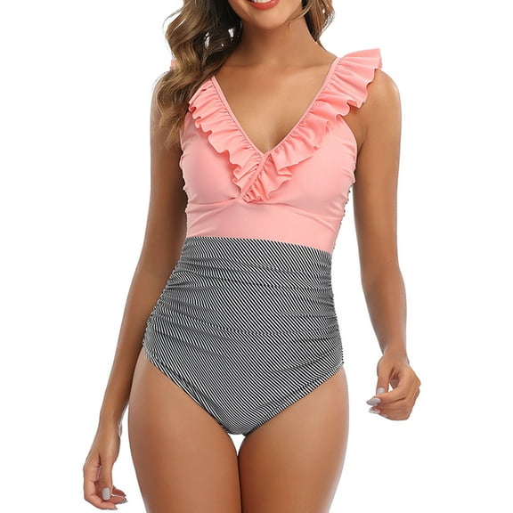 UPPADA Summer One Piece Swimsuit Womens - Cute Tummy Control Slimming Tankini Pleated Ruffle Trim V Neck Color Block Beachwear