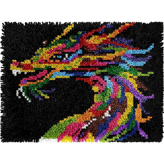 DIY Latch Hook Rug Kits Colorful Dragon DIY Cushion Tapestry Making Crochet Hooking Mat Making Kits With Printed Pattern Canvas DIY Carpet Needlework Kits of Home Decor 52x38cm (T84)