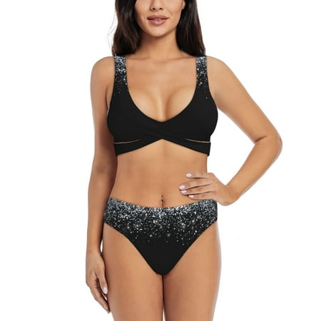 Zeuib Silver Glitter1 High Waisted Tummy Control Bikini Set - Knot Front Push Up Top & Cheeky Thong Bottom  Two-Piece Swimsuit for Women-Small