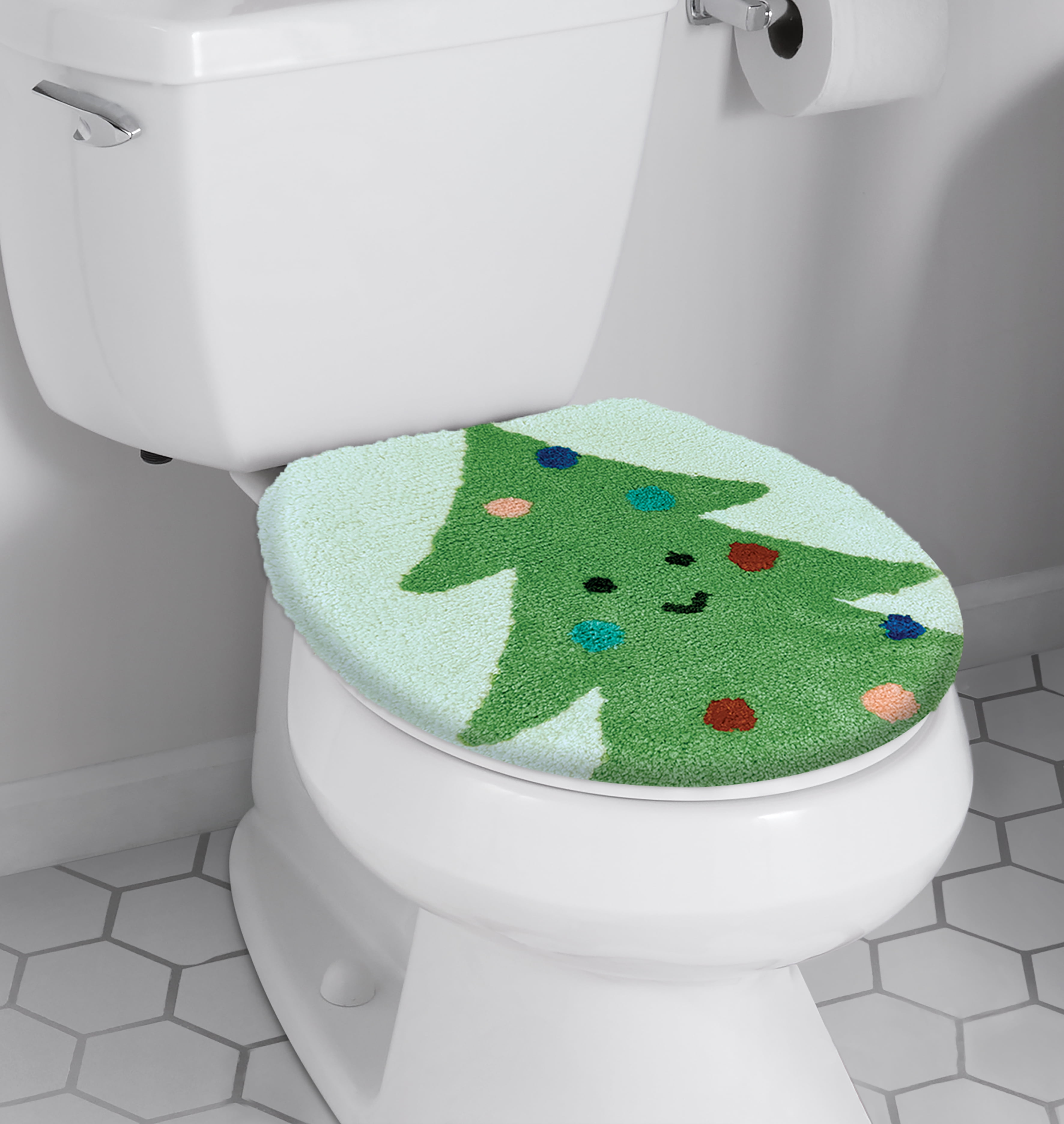 Holiday Time - Ensemble de tapis de bain 2 pièces en polyester motif sapin de Noël avec tapis contour et housse de toilette