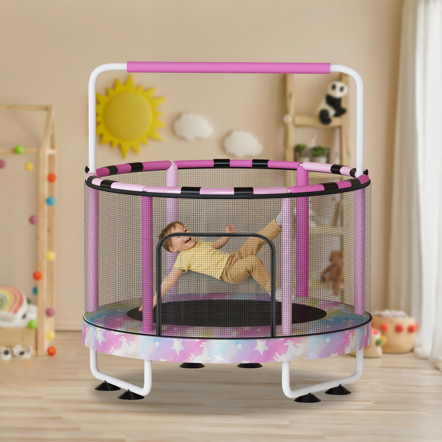 Baxluxe 55" Kids Trampoline with Safety Net, 7-in-1 Adjustable Height Design, 500lbs Weight Capacity for Indoor & Outdoor Use, Fun Mini Trampoline for Children Ages 3-8 Years Old, Rainbow