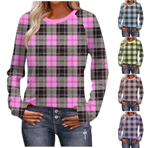 Mifsaly Women Plaid Pullover Tops Raglan Long Sleeve Teacher Shirts Checkered Crew Neck Loose Fit Sweatshirt Work Airport Casual T-Shirts Y2K Spring Fall Cute Pullover Outfits