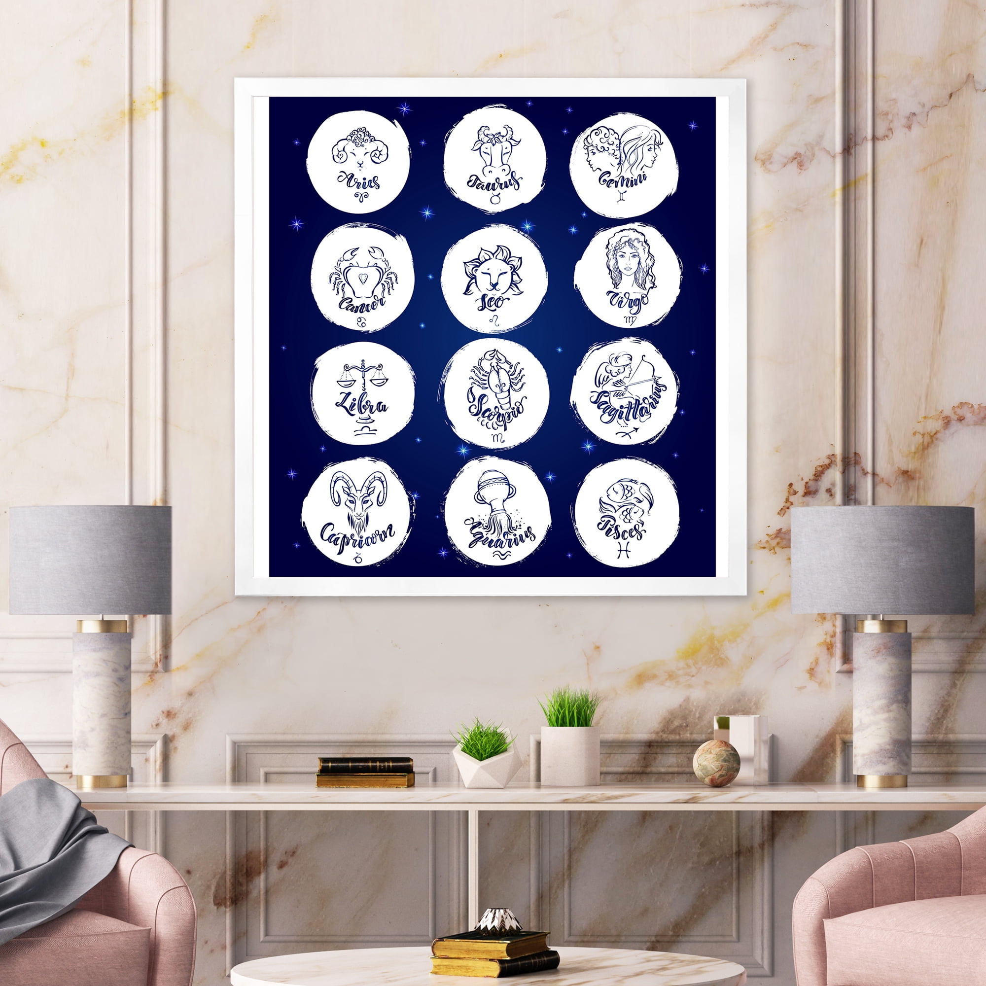 Designart 'Zodiac Diagram & Signs On Blue' Modern Framed Art Print