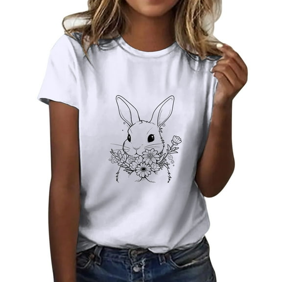 JLFKNG Womens Tee Shirts Short Sleeve T Shirts For Women Fashion Rabbit Egg Printed Easter Style Crew Neck Shirt Tops Buttons Up Womens Dailywear