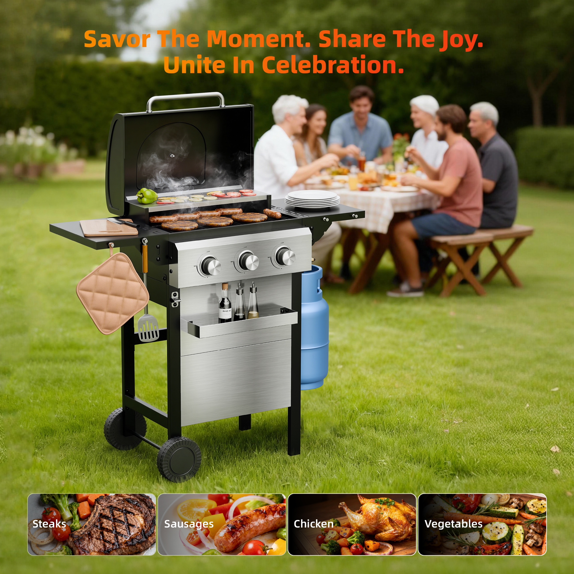 Biotree 3 Burner BBQ Propane Gas Grill, Stainless Steel 28,650 BTU Patio Garden Barbecue Grill with Two Foldable Shelves