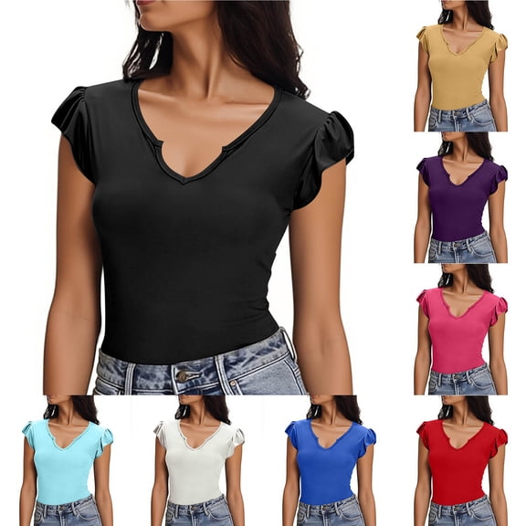 TAGOLD Womens Short Sleeve V-Neck Blouses & Shirts 1/4 Sleeve V Neck Stretch Breathable Summer Top
