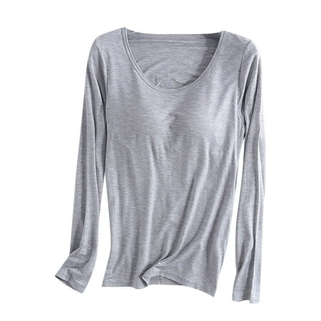 POIUYTR Women s Modal T-Shirt Built-in-Bra Long Sleeve Crew Neck Pajama Yoga Top Padded Casual Tee Sleepwear