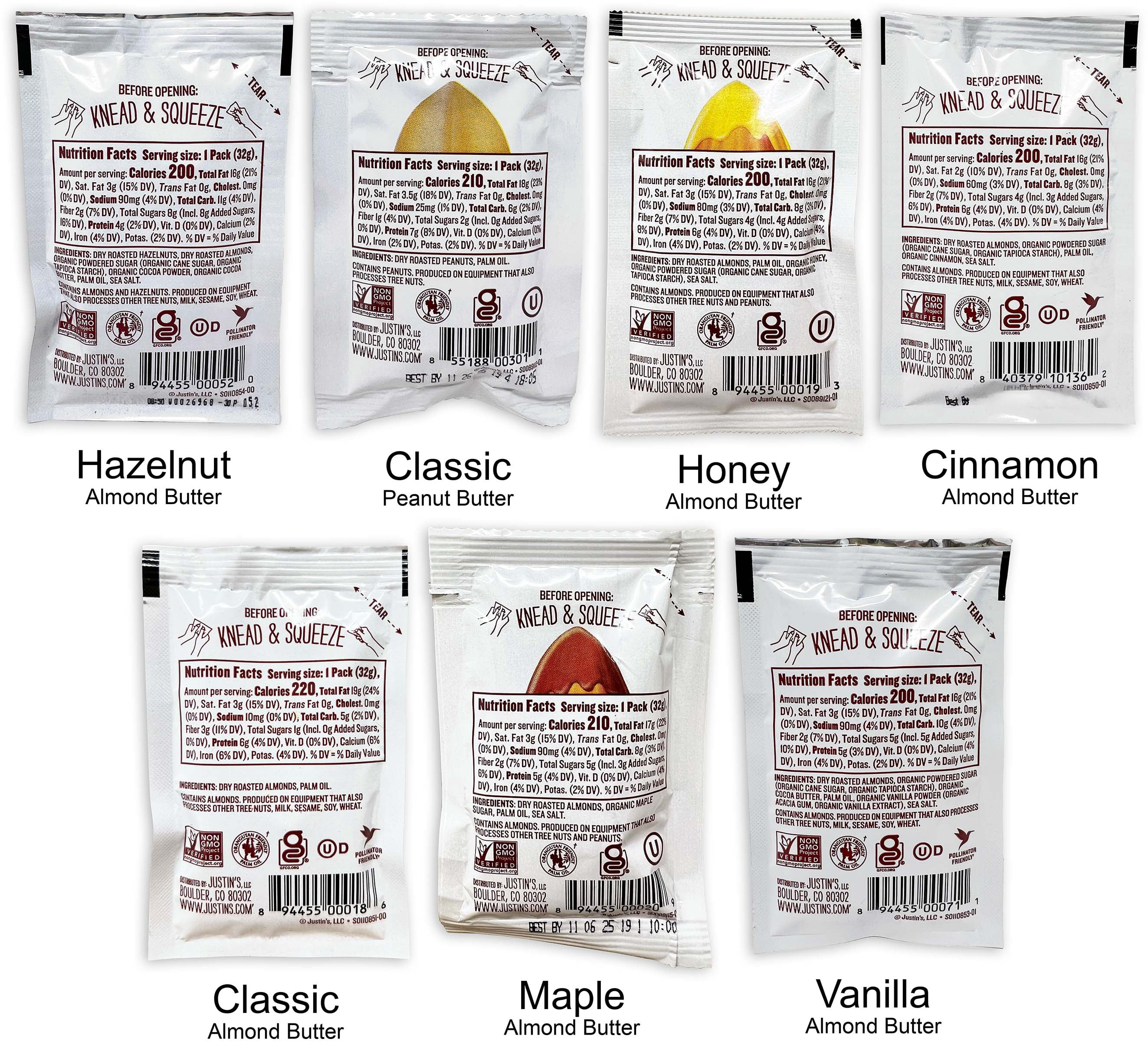 Justin's Nut Butter's - 7 Flavors (2) Each: Almond (Classic, Honey, Vanilla, Cinnamon, Maple) , Peanut, Hazelnut Chocolate | MerlinsMart Zine