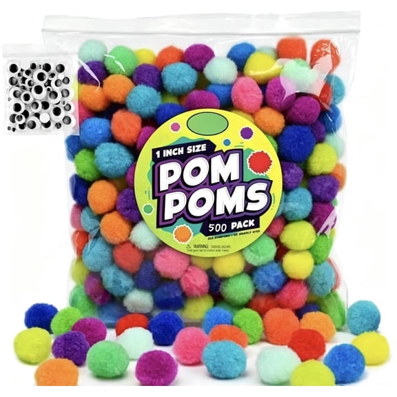 ZHUYING 400 Pcs 1 Inch Polypropylene Pompoms and 100pcs Adhesive Craft Eyes for Craft Making, Small Pom Poms Balls Art and Craft DIY Decorations(Multicolor)