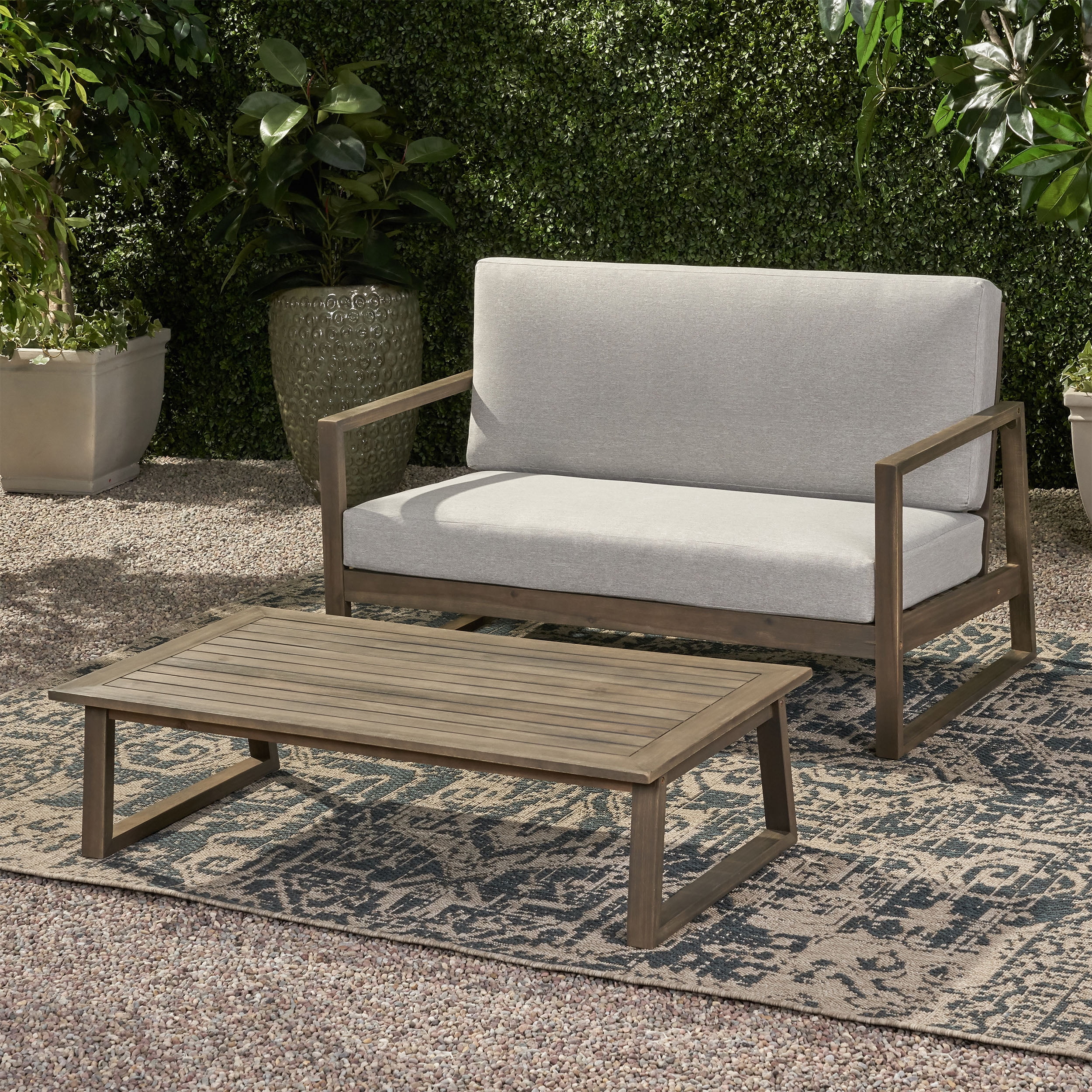 Outdoor Double Sofa and Coffee Table Leisure Set, Acacia Wood Frame Combination Furniture for Patio Garden, Gray and Light Gray