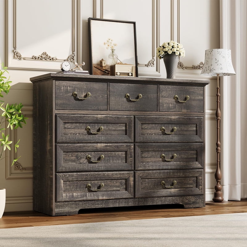 TROPOW Vintage 9 Drawer Dresser for Bedroom, 47" Wide Chest of Drawers with Natural Wood Texture, Wooden Storage Organizer for Closet, Living Room, Hallway,Gray