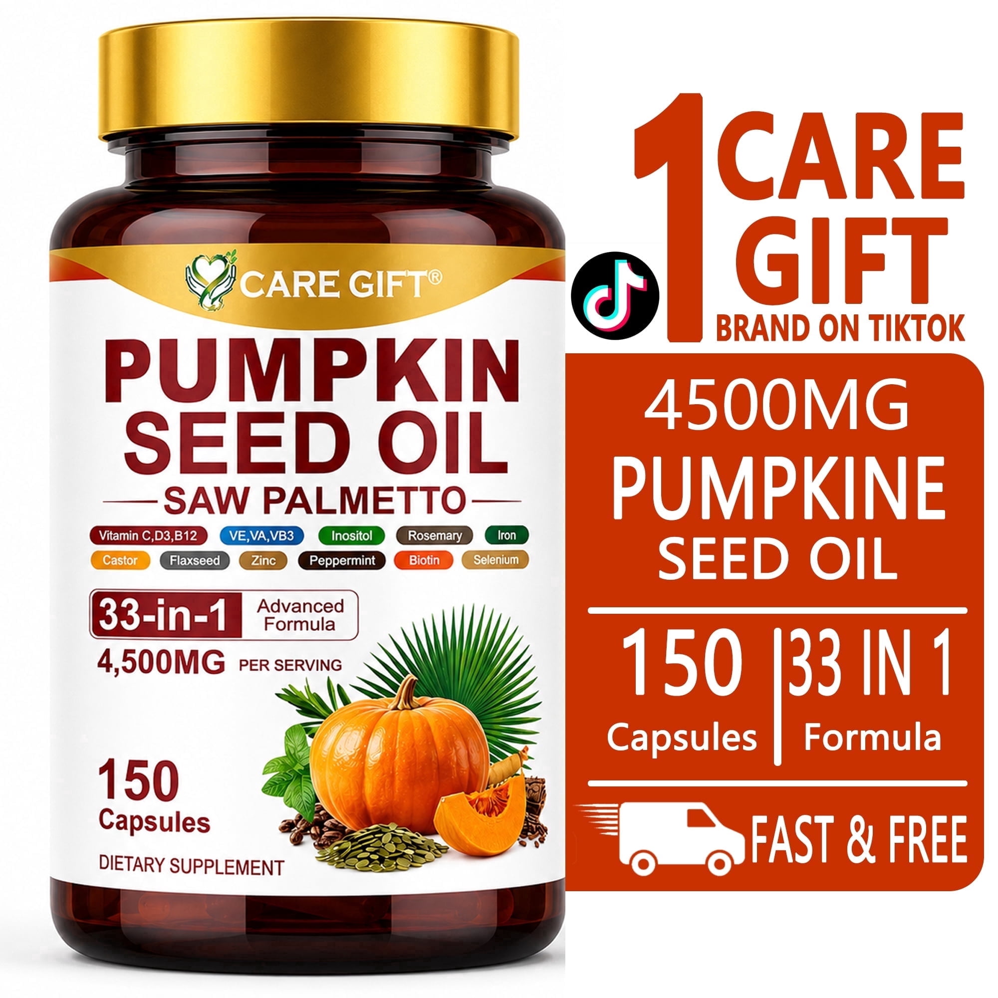 CARE GIFT Pumpkin Seed Oil with Saw Palmetto Capsules 4500mg - 33 in 1 DHT Blocker Supplement for Hair Growth, Men Prostate Health, Zinc Biotin Complex, 150ct