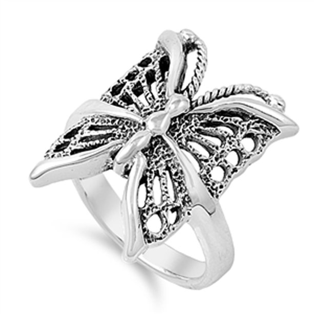 Sac Silver Oxidized Butterfly Filigree Beautiful Ring .925 Sterling