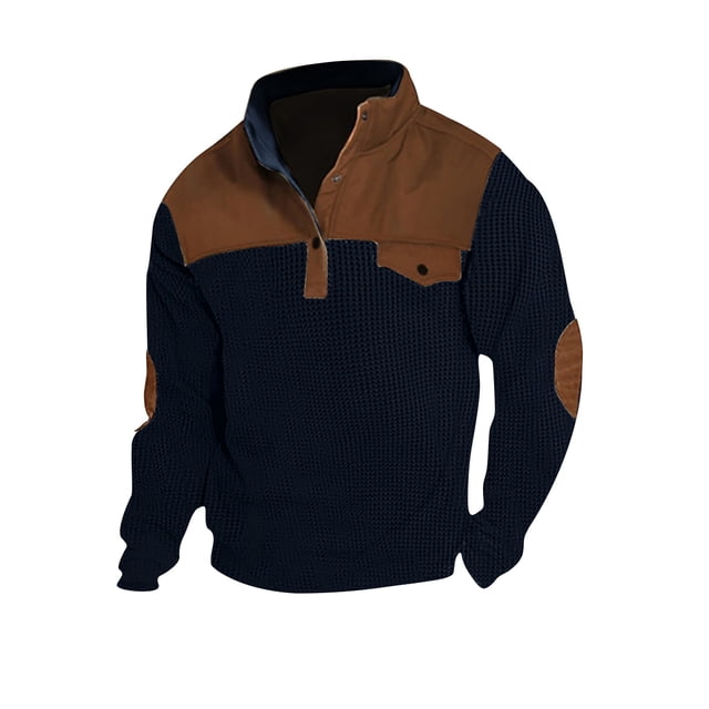 Birdeem Chandail Patchwork Décontracté pour Homme Mode Manches Longues Col Montant Blouse à Boutons