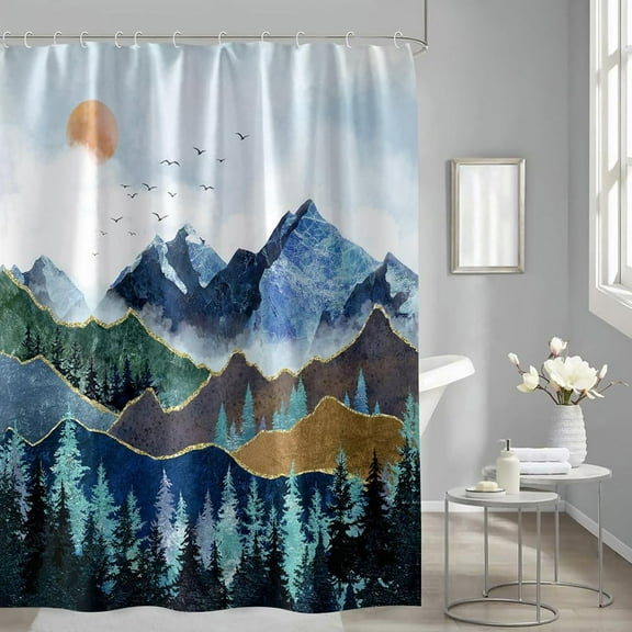 Mountain Shower Curtain, Nature Scenery Forest Themed Shower Curtain with 12 Hooks, Mountain Shower Curtains for Bathroom, Waterproof Washable Polyester Bath Curtain (Blue, 72 x 72 Inches)