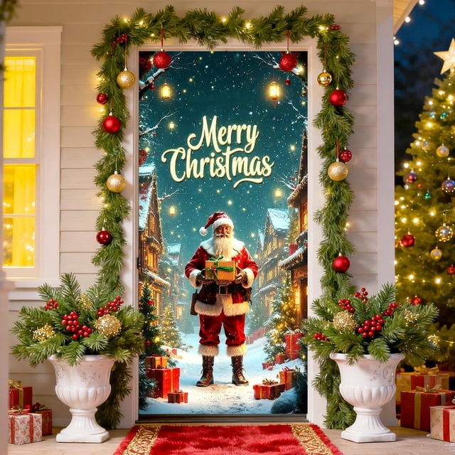 Christmas Door Cover Santa Claus Design Holiday Decoration for Front Door Indoor Wall Party Festive Decorations Merry Xmas Home Decor