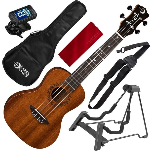 Luna Uke Vintage Mahogany Concert Acoustic Ukulele with Instrument Stand, Ukulele Strap, and