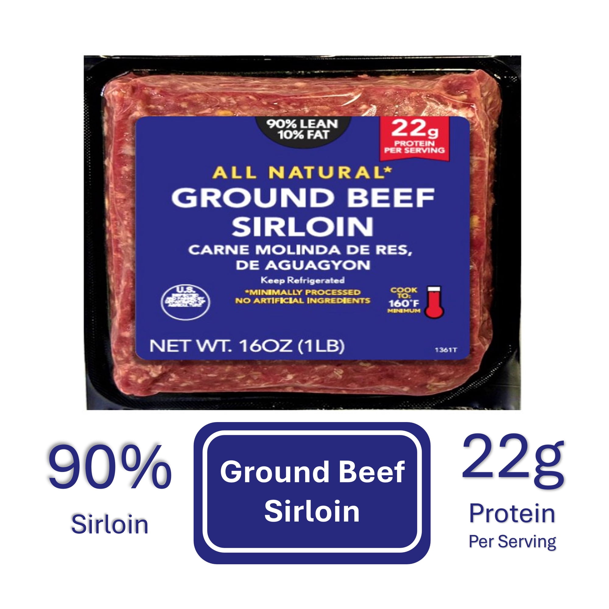 90% Lean/ 10% Fat Sirloin Ground Beef, 1 Lb Brick, Fresh