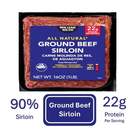 90% Lean/ 10% Fat Sirloin Ground Beef, 1 Lb Brick, Fresh