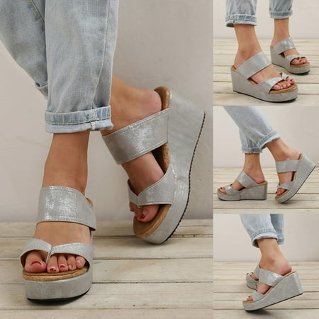 

〖Yilirongyumm〗 Silver 38 Sandals Women Wedges Breathable Toe Shoes Sandals Flops Flip Women s Casual Beach Roman Open Women s Sandals