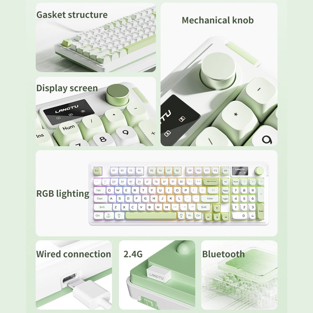 ITIGOITIE Tri - mode Bluetooth Wireless RGB Illuminated Membrane Keyboard,Silent, Esports/Gaming/Office, Snow Green Color