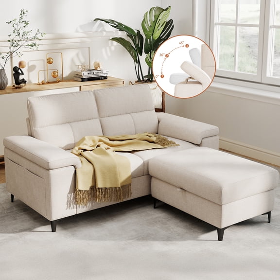 71" Loveseat Sofa with Storage Ottoman Adjustable Armrest L-Shaped Sectional Couch for Living Room Beige