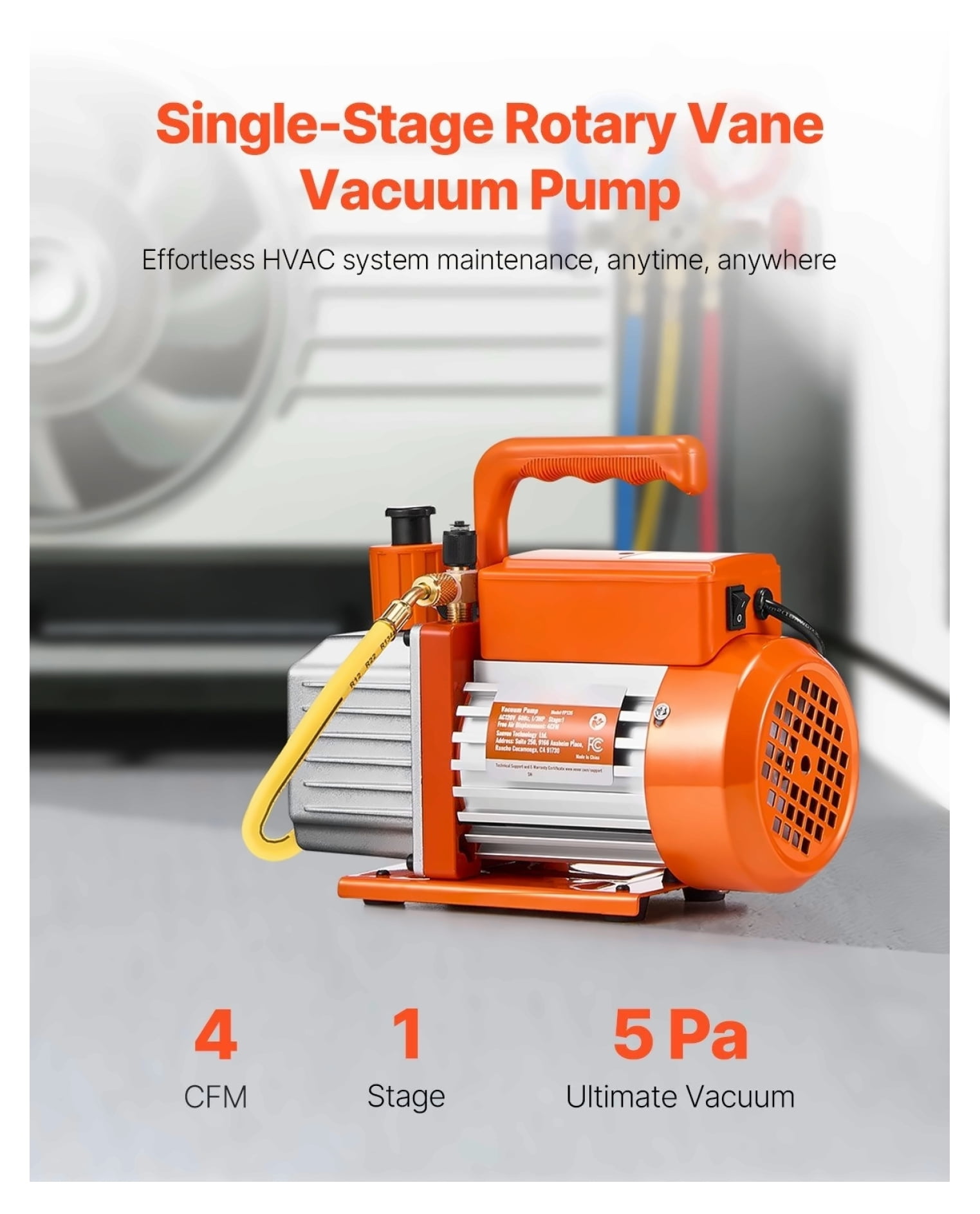 4 CFM Vacuum Pump HVAC - Single Stage Rotary Vane - Oil Included - Automotive AC Recovery Tool - R22 R134a R410a Refrigerant