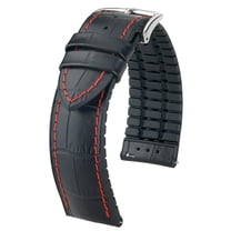 Hirsch George Leather Watch Strap - Black - L - 20mm / 18mm - Shiny Silver Buckle - Embossed Calf Leather - Performance Band