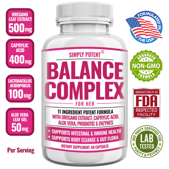 Simply Potent Feminine Balance Complex - Candida Cleanse & Vaginal Health Probiotic, 11-Ingredient Formula with Oregano, Caprylic Acid, Aloe & Reishi, Yeast, BV & pH Balance Support, 60 Capsules