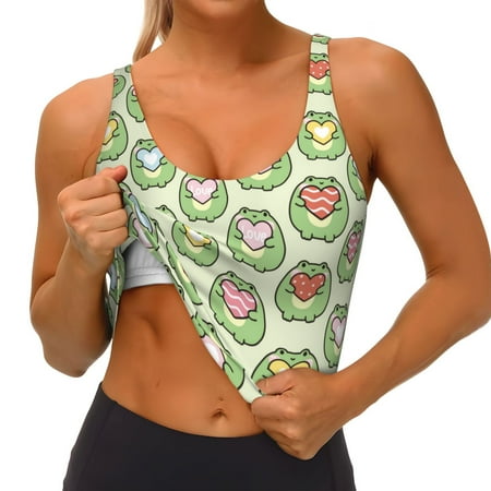 Qokaie Cute Chubby Frog Pattern Womens Scoop Neck Sports Bra Breathable Workout Vest Padded U Back Medium Impact Fitness Gym Yoga Bra Workout Crop Top