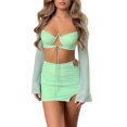 thumbnail image 1 of Mujer conjuntos de falda de verano, manga larga encogimiento de hombros Camisola Hollow Out Tie-Up Sujetador de cintura alta Mini faldas acanaladas. Nituyy Conjunto de falda verde para salir, 1 of 5