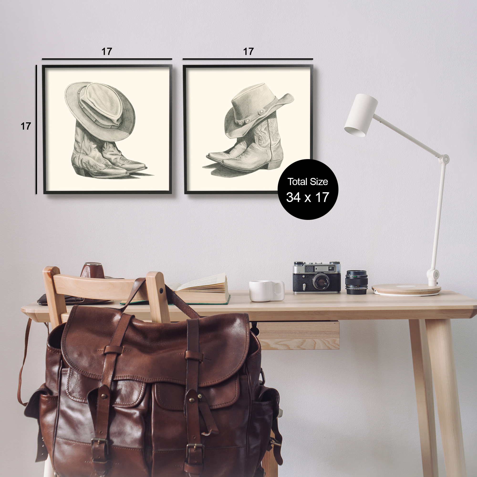 Stupell Industries Rustic Cowboy Boots Beauty & Fashion Drawing Black Framed Art Print Wall Art, 17 x 17, Set of 2